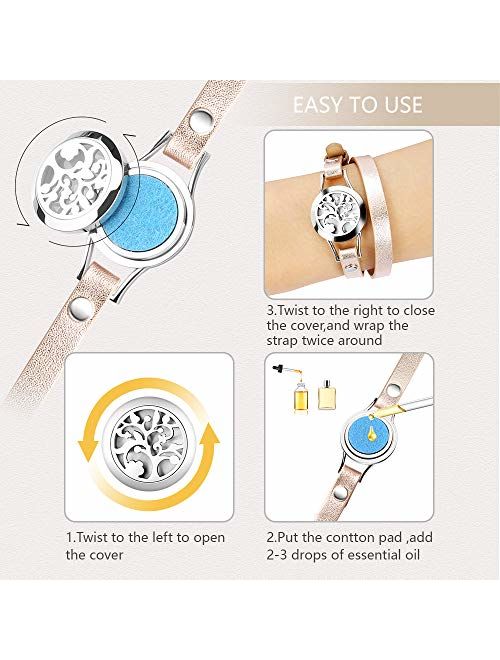Essential Oil Diffuser Bracelet, Aromatherapy Bracelet Jewelry Stainless Steel Locket Leather Band with 8pcs Washable Refill Pads Birthday Gifts for Women,Girlfriend, Mot