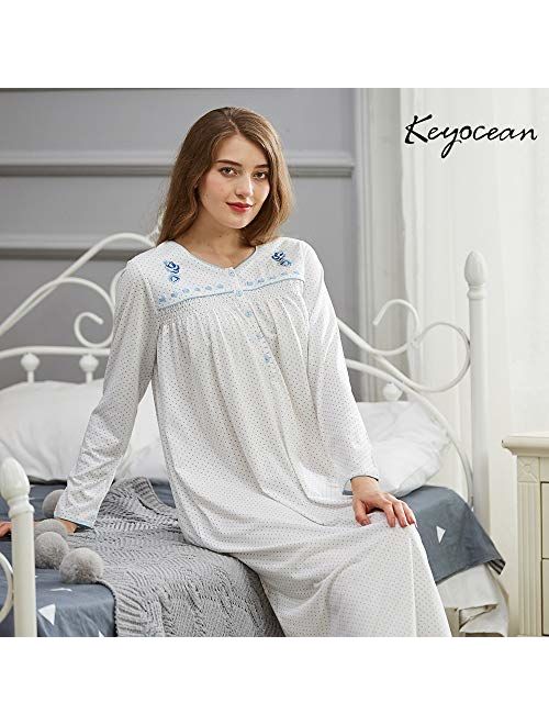 Keyocean Nightgowns for Women 100% Cotton Soft Lightweight Long-Sleeve Comfy Women Sleepwear Lounge-wear