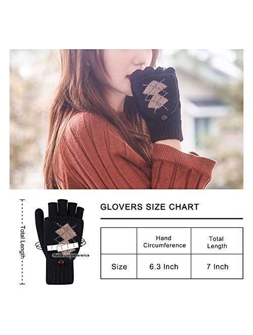 Women's Winter Gloves Warm Wool Knitted Convertible Fingerless Gloves with Mittens Cover Cap