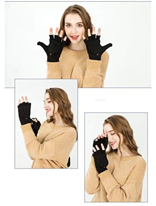 Women's Winter Gloves Warm Wool Knitted Convertible Fingerless Gloves with Mittens Cover Cap