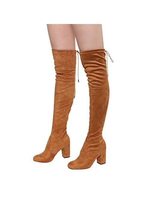ShoBeautiful Women's Thigh High Boots Stretchy Over The Knee Chunky Block Heel Boots