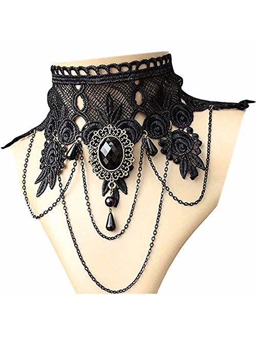 iWenSheng Halloween Costumes Jewelry for Women - Steampunk Black Lace Choker Necklace Gothic Jewelry Accessories, Vampire Choker Necklace Costume for Teen Girls