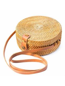 Handwoven Round Rattan Bag Shoulder Leather Straps Natural Chic Hand NATURALNEO