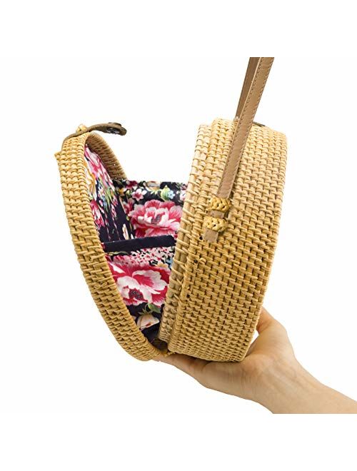 Handwoven Round Rattan Bag Shoulder Leather Straps Natural Chic Hand NATURALNEO