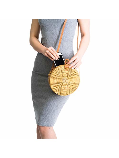 Handwoven Round Rattan Bag Shoulder Leather Straps Natural Chic Hand NATURALNEO