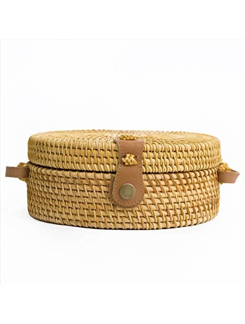 Handwoven Round Rattan Bag Shoulder Leather Straps Natural Chic Hand NATURALNEO