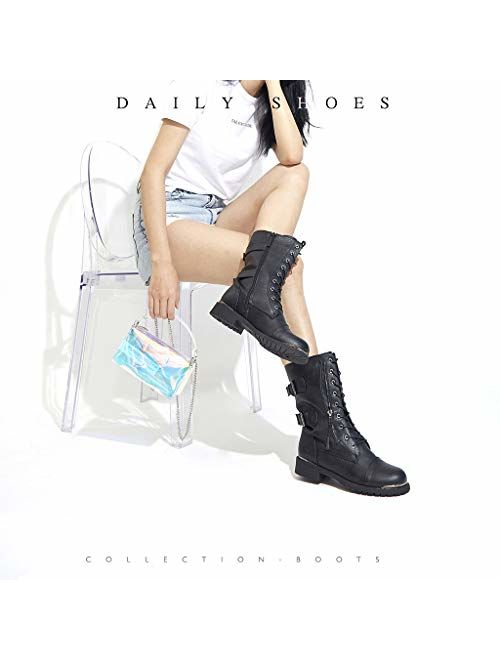 DailyShoes Women's Military Lace Up Buckle Combat Boots Mid Knee High Exclusive Credit Card Pocket Metal Front Bootie Shoes