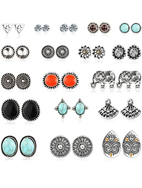 Mtlee 18 Pairs Assorted Boho Stud Earrings Set Vintage Round Beads Earring for Women and Girls
