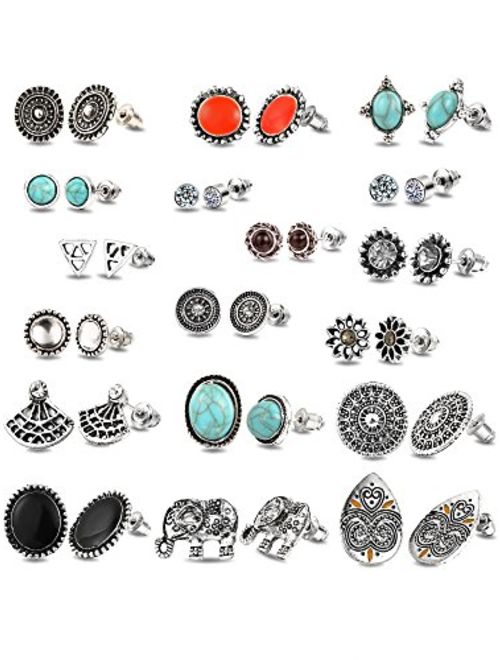 Mtlee 18 Pairs Assorted Boho Stud Earrings Set Vintage Round Beads Earring for Women and Girls