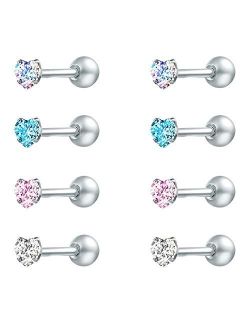 ZS 4 Pairs Shiny Cubic Zirconia Surgical Steel Stud Earrings Tragus Helix Conch Piercing Cartilage Sets