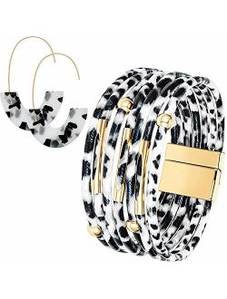 Hicarer Leopard Bracelets Leopard Tube Bracelet Multilayer Leather Cuff Bracelet and Boho Leopard Earrings for Women Girls