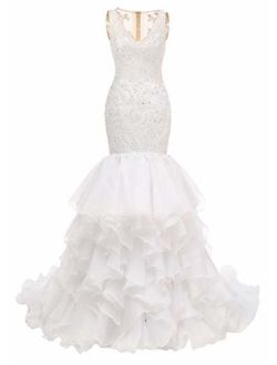 Mermaid Organza Wedding Dress for Bride Lace Applique V-Neck Ruffles Bridal Gown S013