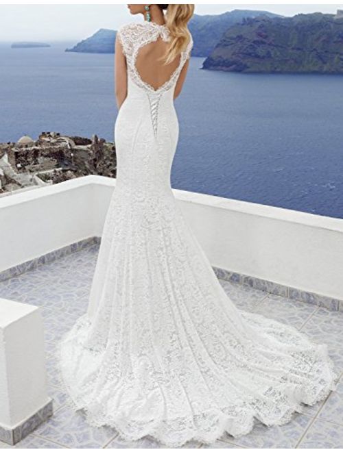 OYISHA Women's 2019 Lace Mermaid Wedding Dresses Long Sleeve Boat Neck Bride Dress WD166