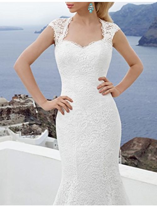 OYISHA Women's 2019 Lace Mermaid Wedding Dresses Long Sleeve Boat Neck Bride Dress WD166
