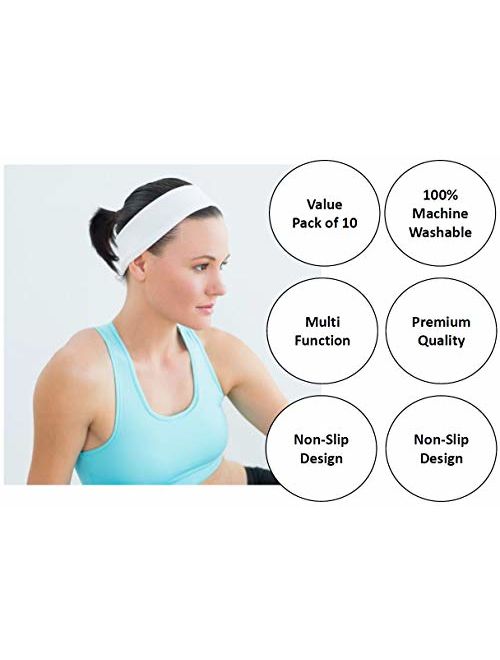 Styla Hair 10 Pack Yoga Headbands - Elastic Cotton Multi-Function Sports Head Bands Stretchy Wraps