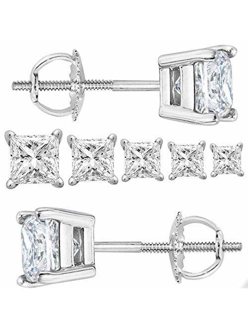 NYC Sterling Unisex Princess Cubic Zirconia Screw Back Stud Earring 3 to 8 MM