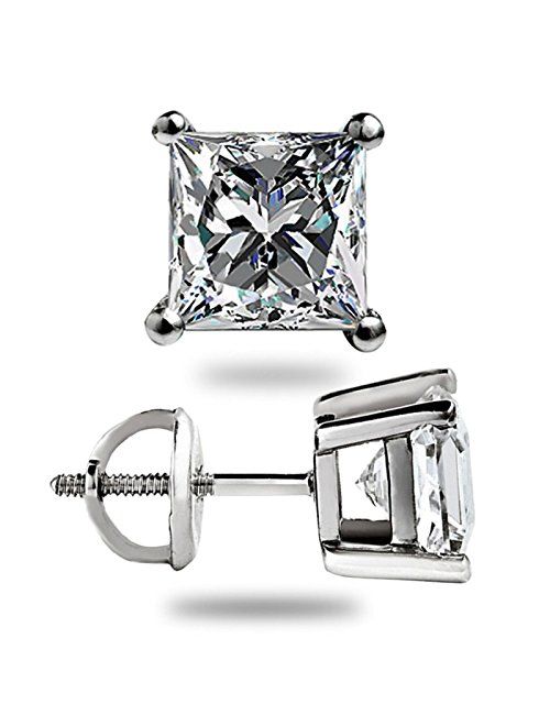 NYC Sterling Unisex Princess Cubic Zirconia Screw Back Stud Earring 3 to 8 MM