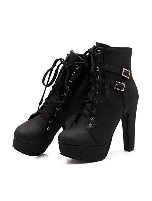 Susanny Women Autumn Round Toe Lace Up Ankle Buckle Chunky High Heel Platform Knight Martin Boots