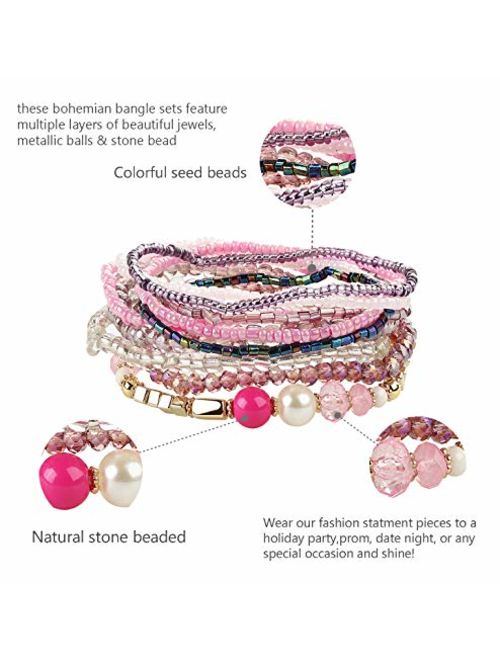 FIBO STEEL 6 Sets Bohemian Stackable Bead Bracelets for Women Stretch Multilayered Bracelet Set Multicolor Jewelry