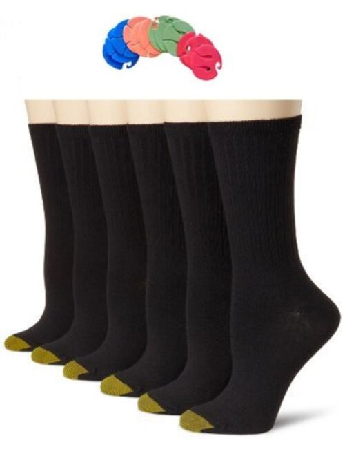 Gold Toe Women's 6 Pack Ribbed Crew Sock /6 Free Sock Clips Included ($5 Value)