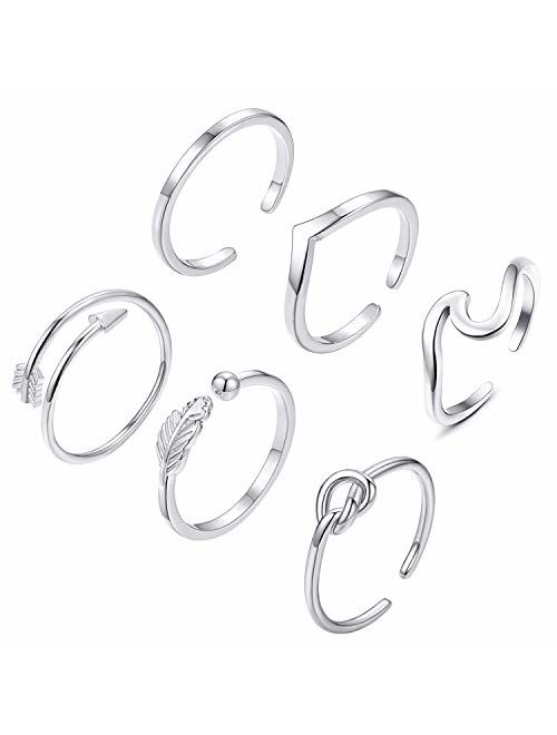 FUNEIA 6PCS Arrow Knot Wave Rings for Women Adjustable Stackable Thumb Open Rings Set
