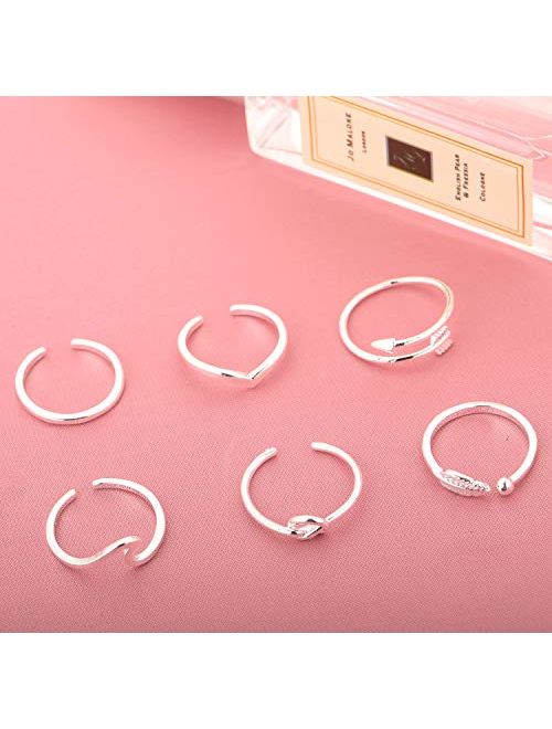 FUNEIA 6PCS Arrow Knot Wave Rings for Women Adjustable Stackable Thumb Open Rings Set