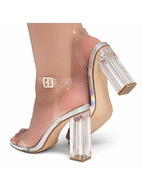 Shoe Land SL-CLLAARY Perpex Heel Ankle Strap Adjustable Buckle Lucite Clear Block Chunky High Heel Open Toe Sandal