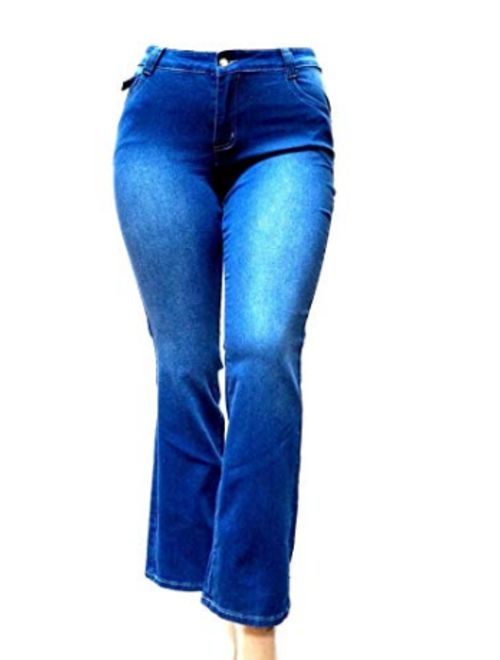 Jack David Womens Plus Size Bootcut/Straight Leg Stretch Relaxed Fit Blue Denim Jeans Pants