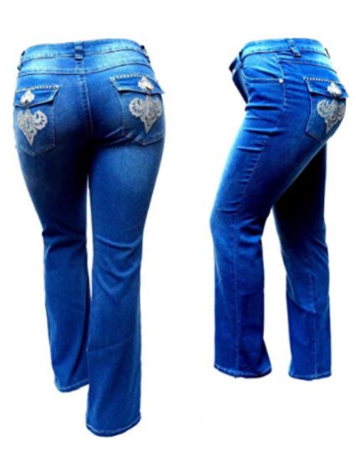 Jack David Womens Plus Size Bootcut/Straight Leg Stretch Relaxed Fit Blue Denim Jeans Pants