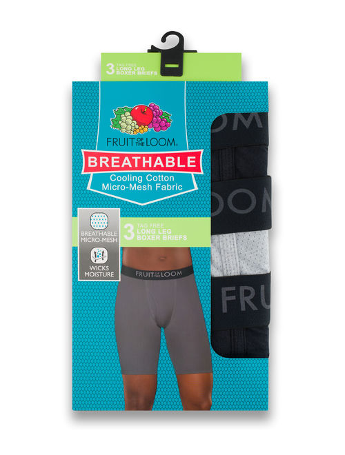 Fruit of the Loom Men's Breathable Cotton Micro-Mesh Assorted Long Leg Boxer Briefs, 3 Pack
