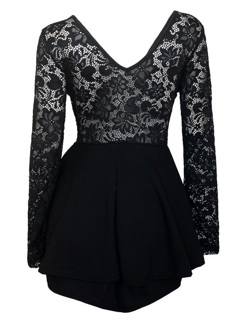 Plus size Lace Overlay Romper Dress Black