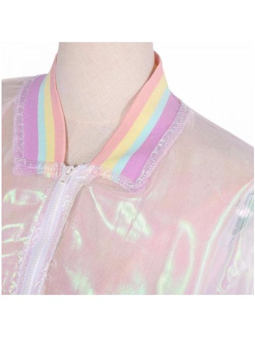 Women Casual Iridescent Transparent Jacket Rainbow Color Long Sleeve Coat