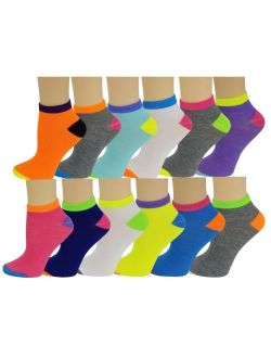 12 Pairs Pack Women Low Cut Neon Colorful Fancy Design Anklet Socks 9-11