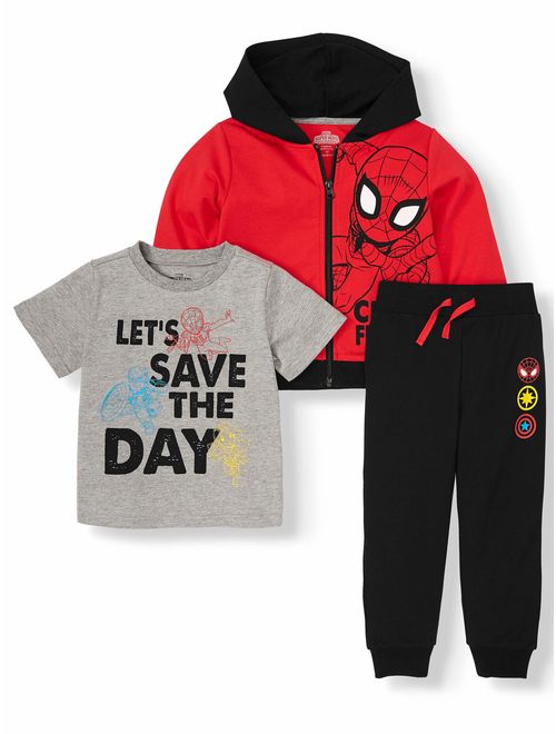Spiderman Zip Up Hoodie, Short Sleeve Graphic T-shirt & Drawstring Joggers, 3pc Outfit Set (Toddler Boys)