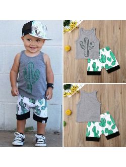 2PCS Infant Baby Boy Summer Cactus Tops T-Shirt Shorts Outfit Set 0-3Y
