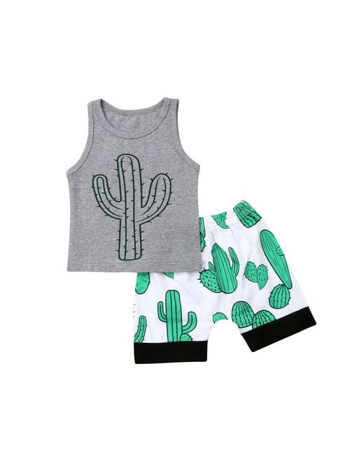 Canis 2PCS Infant Baby Boy Summer Cactus Tops T-Shirt Shorts Outfit Set 0-3Y