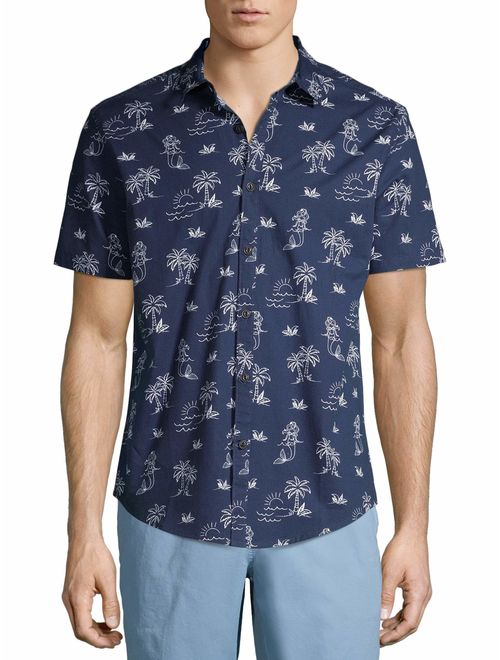 No Boundaries Men's Island Print Short Sleeve Button-up Shirt, up to Size 3XL