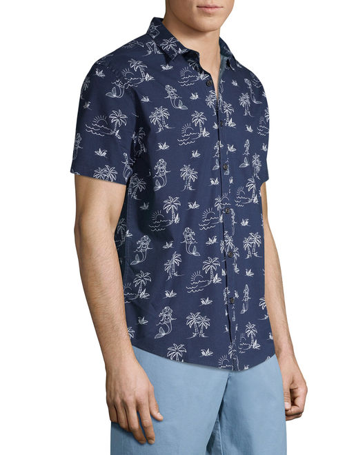 No Boundaries Men's Island Print Short Sleeve Button-up Shirt, up to Size 3XL