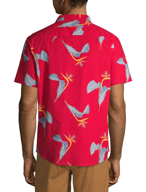 No Boundaries Men's Palm Print Short Sleeve Button-up Shirt, up to Size 3XL