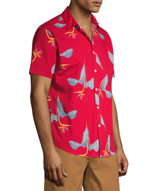 No Boundaries Men's Palm Print Short Sleeve Button-up Shirt, up to Size 3XL