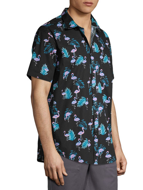 No Boundaries Men's Flamingo Print Short Sleeve Button-up Shirt, up to Size 3XL