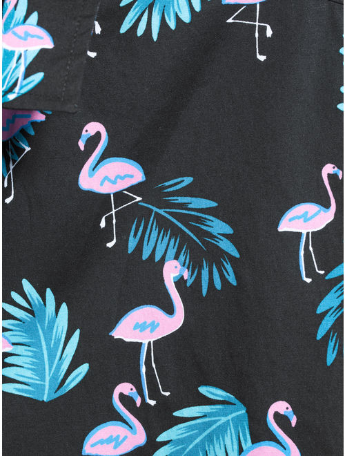 No Boundaries Men's Flamingo Print Short Sleeve Button-up Shirt, up to Size 3XL