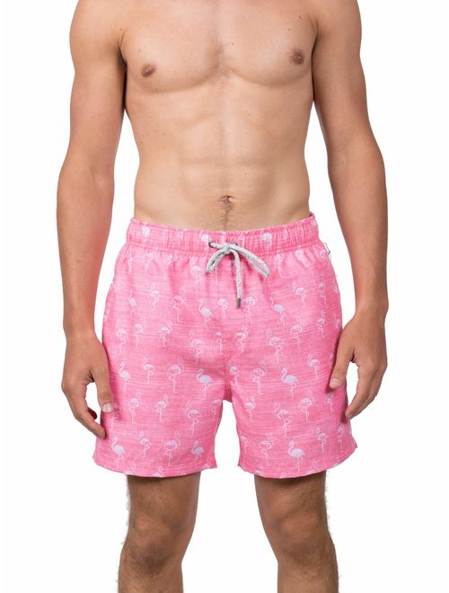 Endless Summer Men's 6" White and Pink Flamingo Swim Short, up to Size 2XL