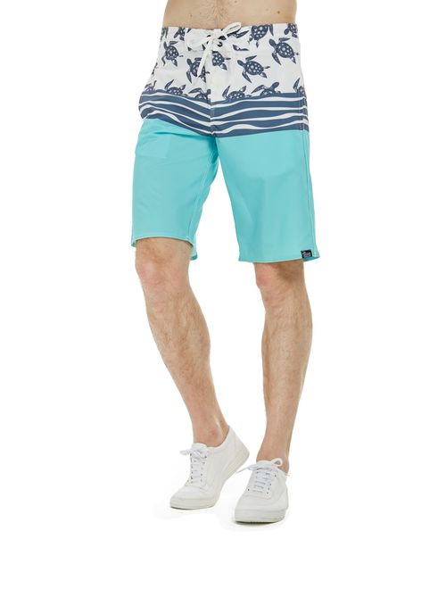 Men's Spandex Hawaiian Beach Board Shorts with Zipped Pocket in Honu Turtles in Turquoise 28