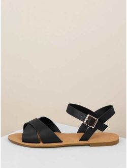 Overlap Band Buckled Ankle Flat Sandals