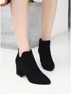 Black Suede Side Zip Point Toe Chunky Heel Boots