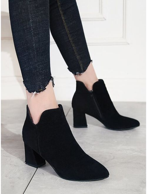 Shein Black Suede Side Zip Point Toe Chunky Heel Boots