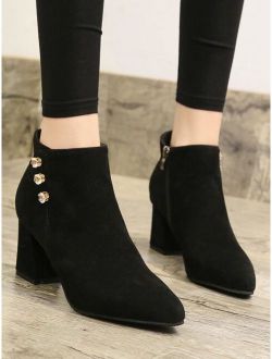 Black PU Point Toe Side Zip Chunky High Heel Boots