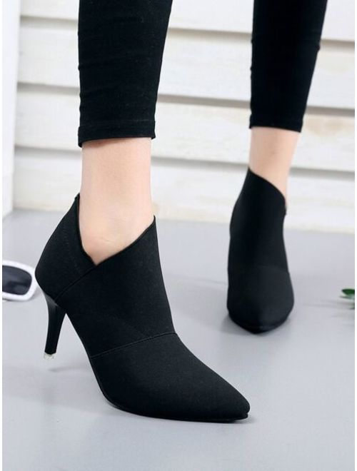 Black Polyester Pointed Toe High Heel Ankle Boots