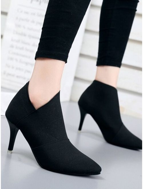 Black Polyester Pointed Toe High Heel Ankle Boots